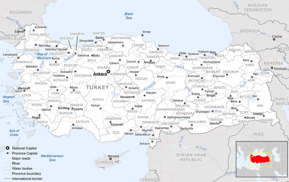 Türkiye’nin il sınırlarını ve il merkezlerini gösteren siyasi harita